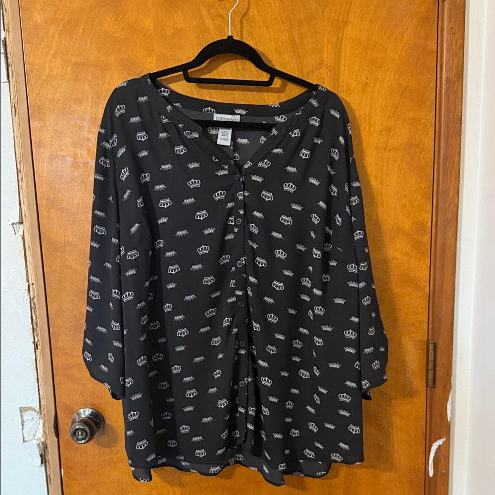 Catherines Black Button-Front Top with White Crown Print